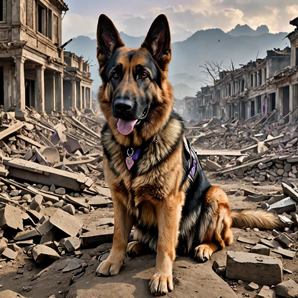 a german shepherd dog sitting on a destroyed building in a city with rubble and debris all around it and a mountain in the background, auto-destructive art, a detailed matte painting, Elke Vogelsang, award-winning photograph