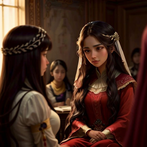 a woman in a red dress sitting next to a woman in a white dress and a man in a red dress