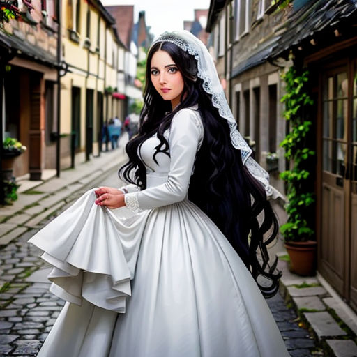 a woman in a wedding dress is standing on a cobblestone street in a town with old buildings