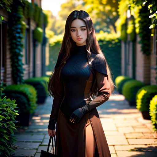 a woman in a long dress is standing on a sidewalk with a handbag in her hand and a handbag in her other hand