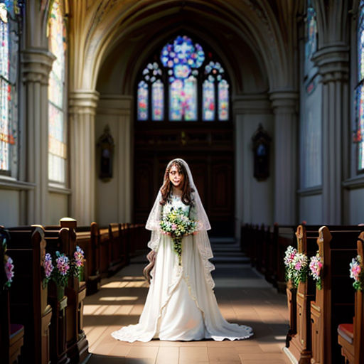 a woman in a wedding dress standing in a church aisle with flowers in her hand and a bouquet in her hand
