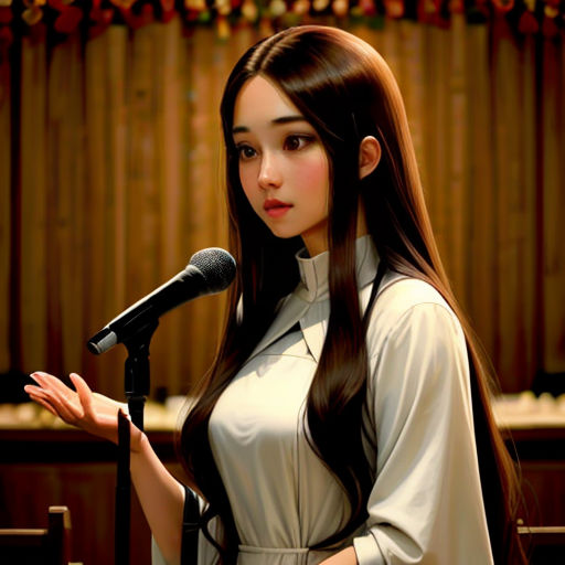 a woman standing in front of a microphone holding a microphone in her hand and a microphone in her other hand
