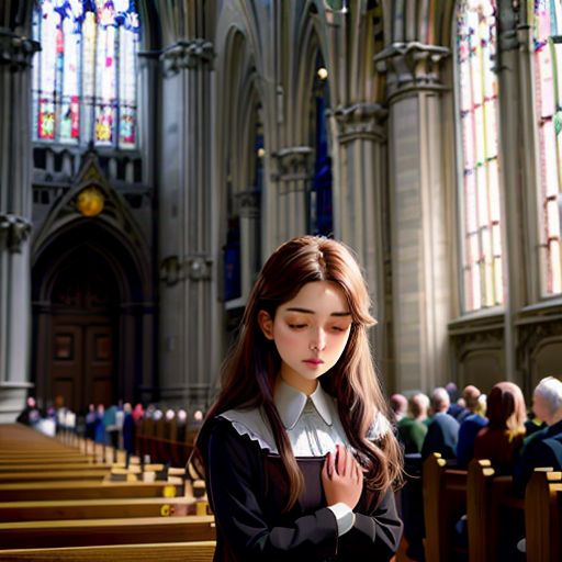a woman standing in a church with her hands folded in prayer, with other people in the background,