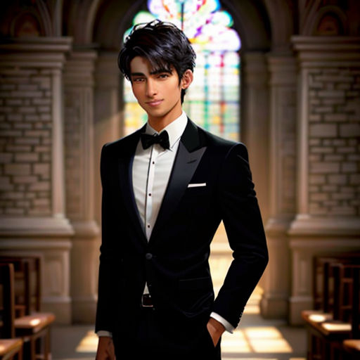 a man in a tuxedo standing in a church with a stained glass window behind him and a bench in the background