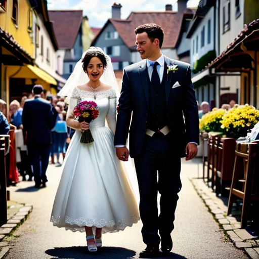 a bride and groom walking down a street in a village together, with people in the background, and a crowd of people in the background