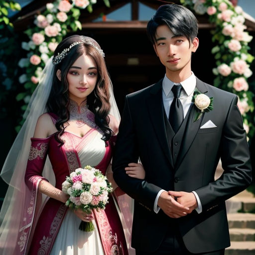 a man and a woman in wedding attire standing next to each other in front of a building with flowers