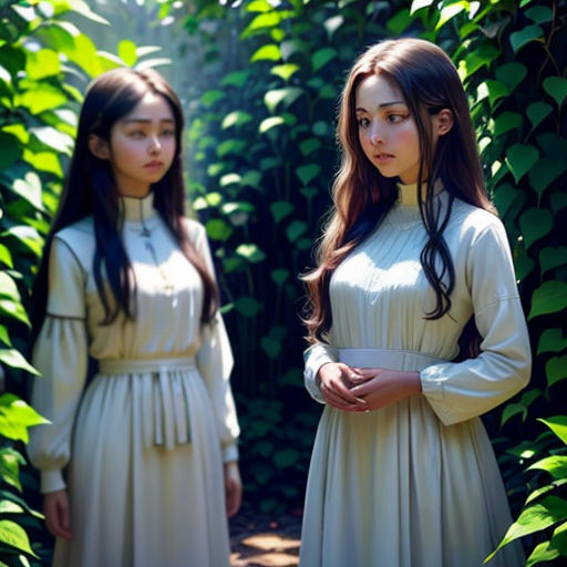 two women in white dresses standing in a forest with green leaves on the ground and one woman in a white dress
