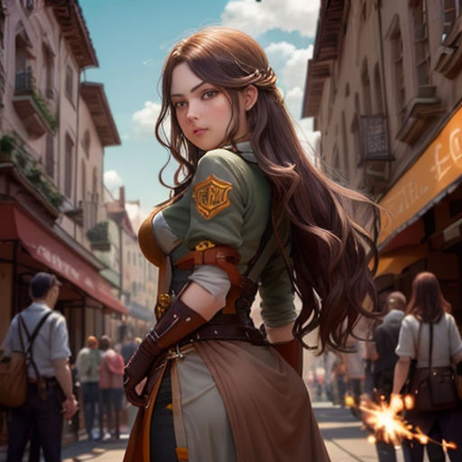 a woman in a long dress standing on a street with a sword in her hand and a man in a suit standing behind her
