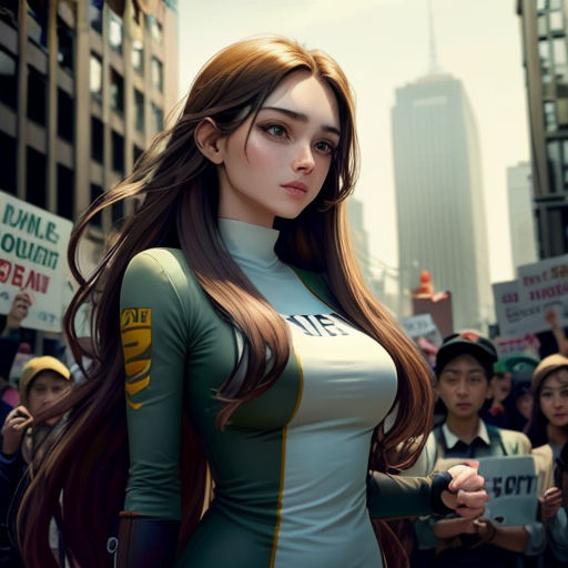 a woman in a green and white outfit standing in front of a crowd of people holding signs and signs