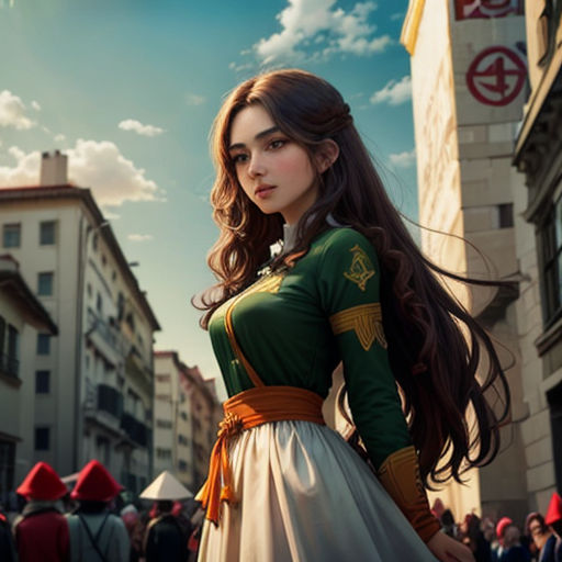a woman in a dress standing in front of a crowd of people in a city street with buildings and a sky background