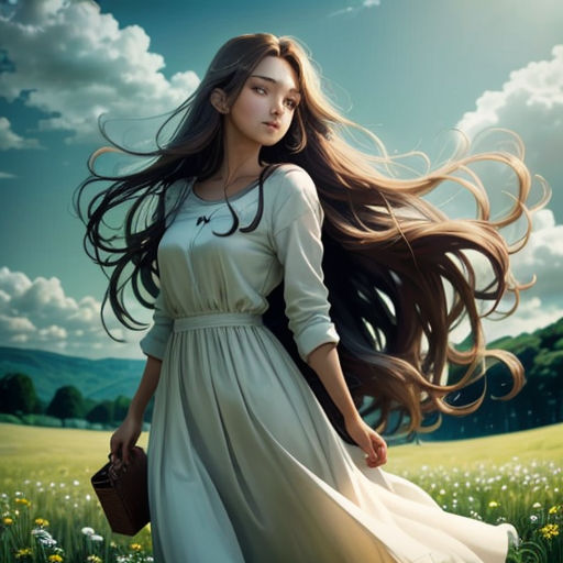 a woman in a dress walking through a field with long hair in the wind, with a sky background