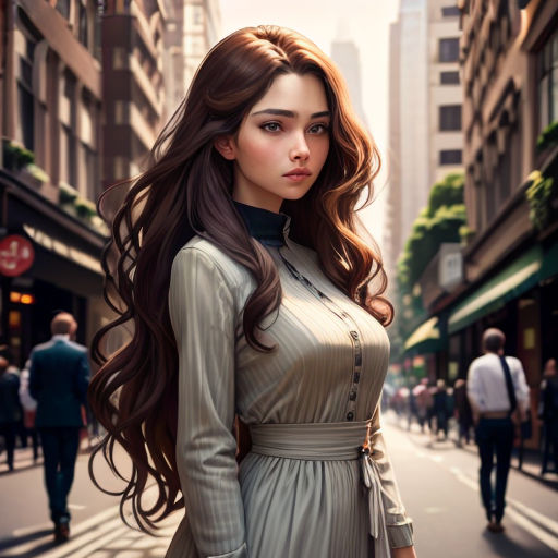 a woman in a dress is standing on a street corner with a city in the background and people walking on the sidewalk