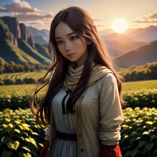 a painting of a woman standing in a field of flowers with mountains in the background and sun shining through the clouds
