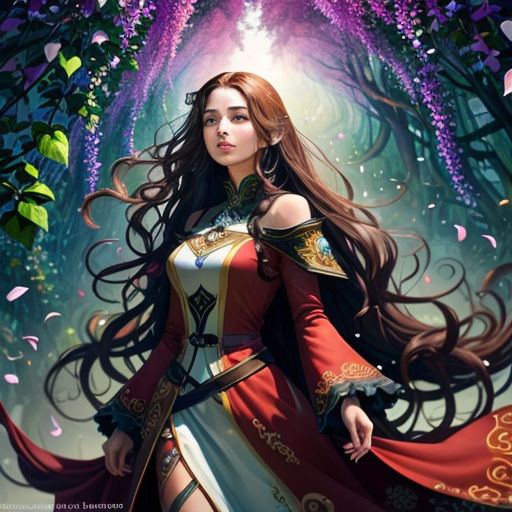a woman in a red and white dress standing in a forest with flowers on her head and long hair