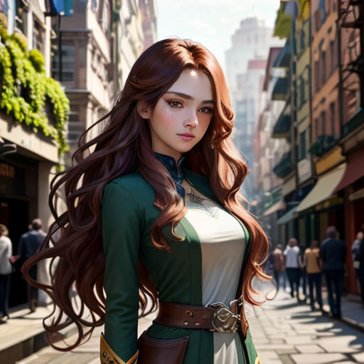 a woman in a green and white outfit standing on a street with a crowd of people behind her and a city street in the background
