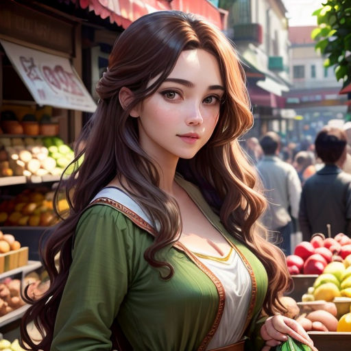a woman in a green dress standing in front of a fruit stand with a lot of fruit in it
