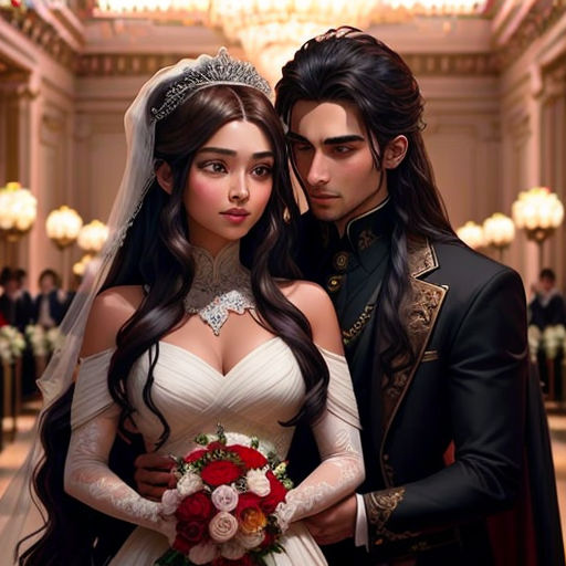 a man and woman dressed in wedding attire standing next to each other in a ballroom with chandeliers