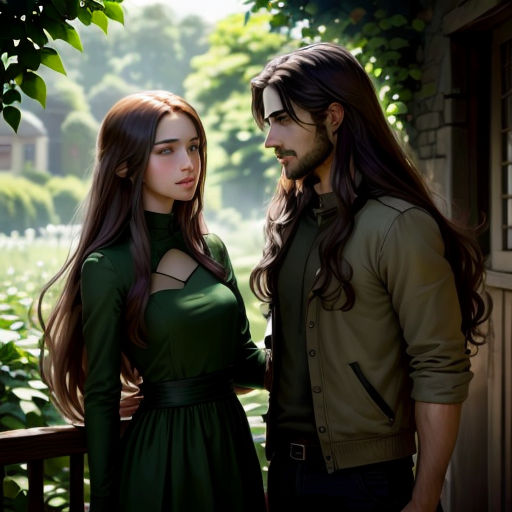 a man and a woman standing next to each other near a tree and bushes in a park, with a house in the background