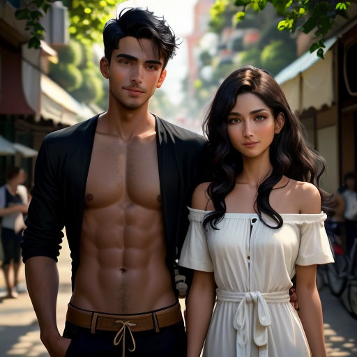 a man and a woman standing next to each other on a street with a tree in the background and a man in a black jacket and white dress