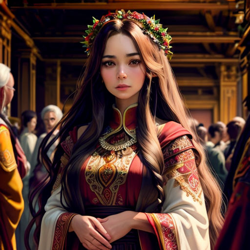 a woman in a medieval costume standing in front of a crowd of people wearing red and gold clothing and a crown