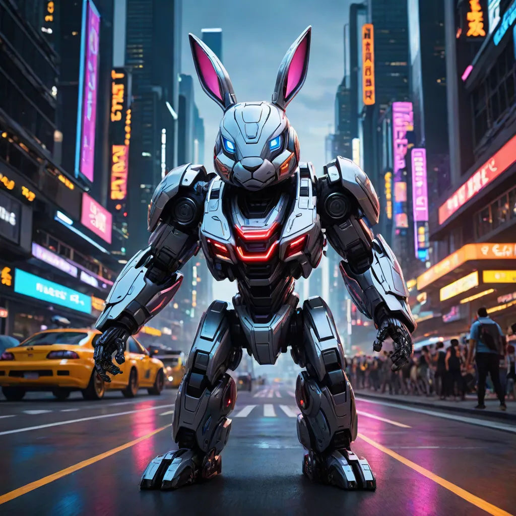 a robot with a bunny ears standing in the middle of a city street with neon lights and tall buildings, Beeple, shock art, a 3D render, arnold render