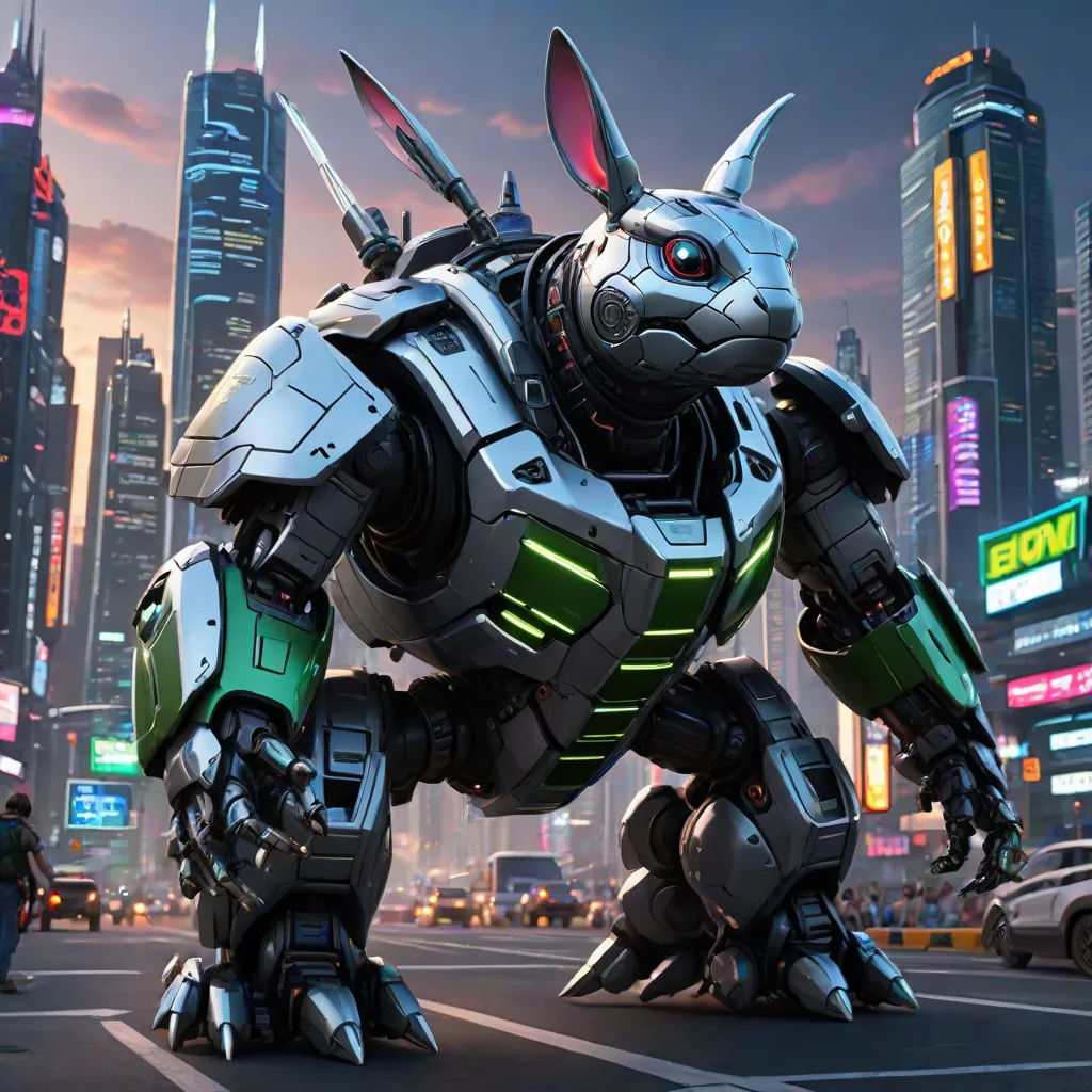 a futuristic robot dog in a city at night with a neon light in the background and a person standing in the foreground, Beeple, sots art, concept art, mecha