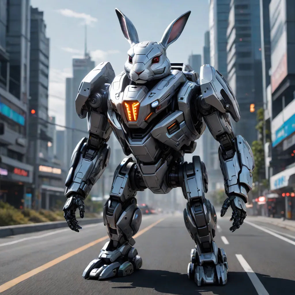 a robot like animal is standing on the street in front of a cityscape with skyscrapers in the background, Beeple, furry art, a computer rendering, unreal 5
