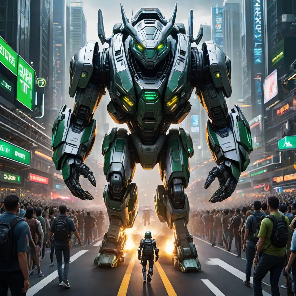 a large robot standing in the middle of a city street with people walking around it and a man on a bike, Dai Jin, sots art, poster art, mecha