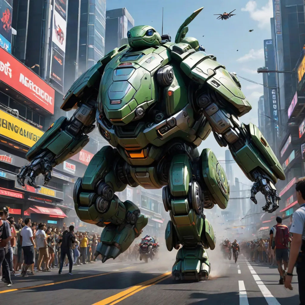a giant robot is walking down a city street in a video game, with people walking around it and a helicopter flying overhead, Eddie Mendoza, photorealism, concept art, unreal 5