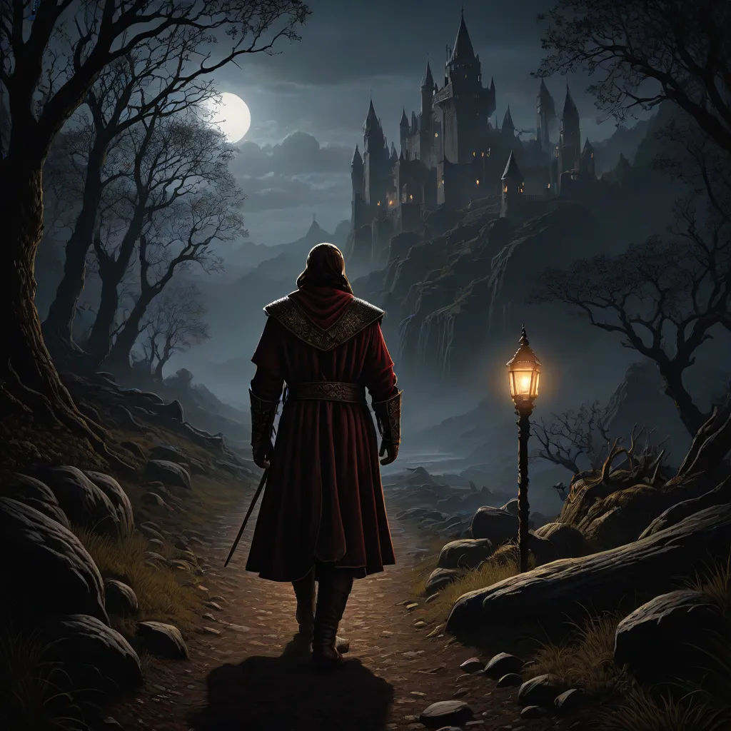 a man in a red robe is walking towards a castle at night with a lantern in his hand and a full moon in the sky, fantasy art, a detailed matte painting, Andreas Rocha, dark fantasy art
