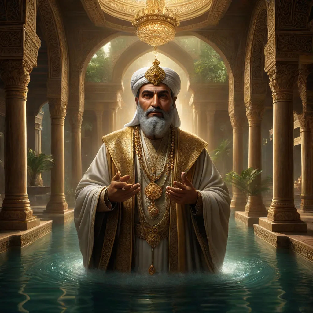 a man with a beard and a white turban standing in a pool of water with a golden crown on his head, fantasy art, a character portrait, Bikash Bhattacharjee, magic the gathering artwork