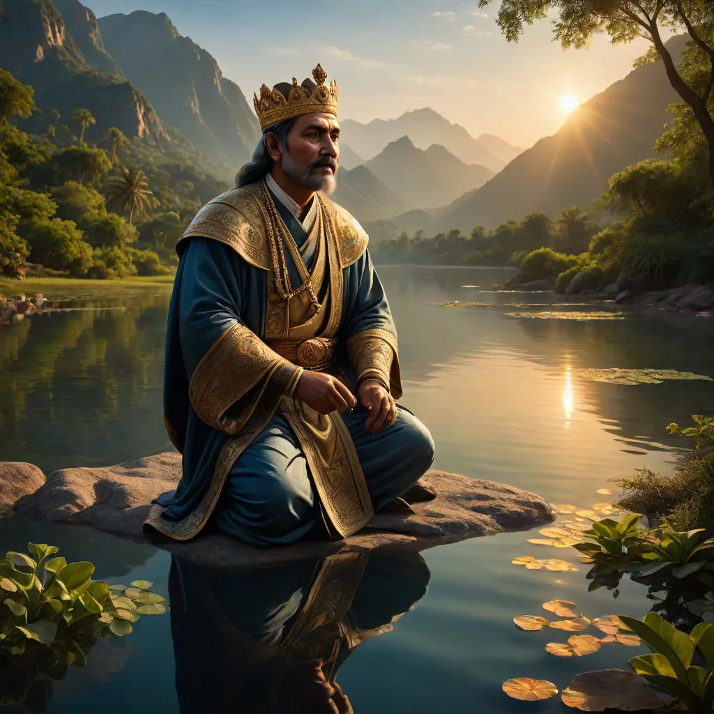a man sitting on a rock in front of a lake with a crown on his head and a body of water in front of him, samikshavad, a detailed painting, Bholekar Srihari, official art