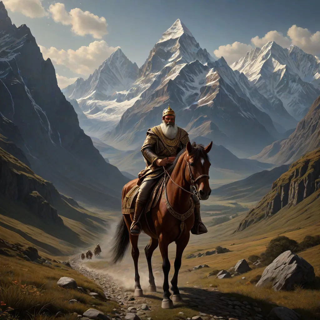 a painting of a man riding a horse in the mountains with a dog nearby on a path leading to a mountain pass, fantasy art, a detailed matte painting, Christophe Vacher, epic fantasy character art