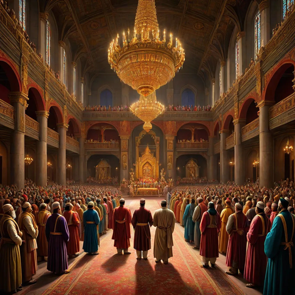 a painting of a large group of people in a church with a chandelier in the background and a man in a red robe standing in front of a crowd, photorealism, a detailed matte painting, Christophe Vacher, pixar and disney animation
