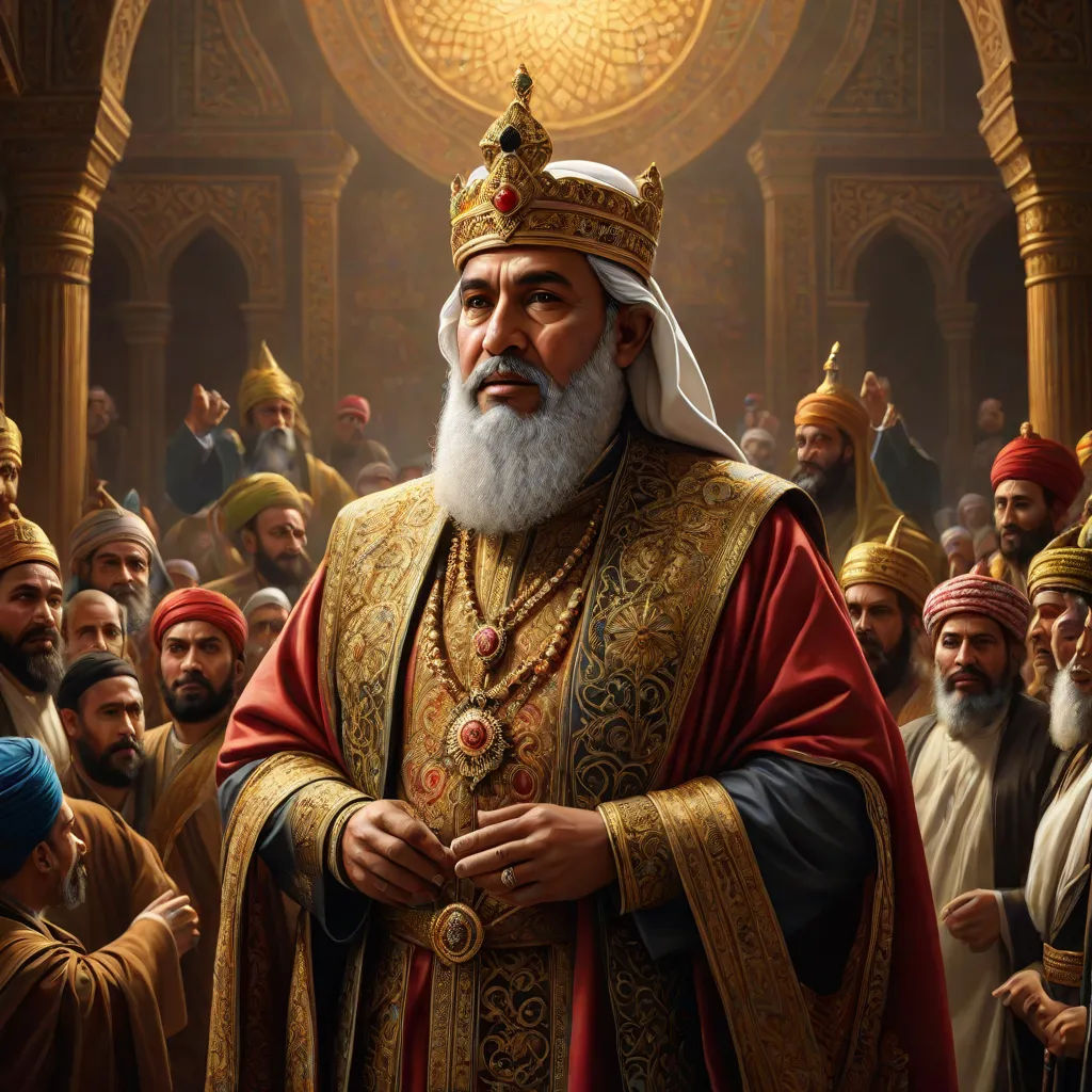 a painting of a man in a crown surrounded by other men in robes and robes, all looking at something, qajar art, a detailed painting, Altoon Sultan, highly detailed digital painting