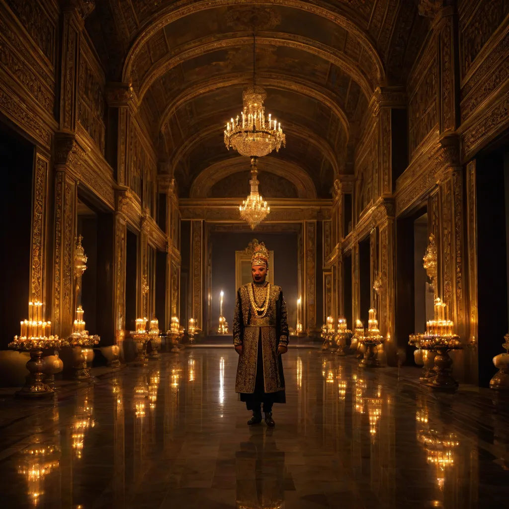 a man in a fancy outfit walking down a hall with chandeliers and chandeliers on the ceiling, renaissance, a detailed matte painting, Altoon Sultan, vfx