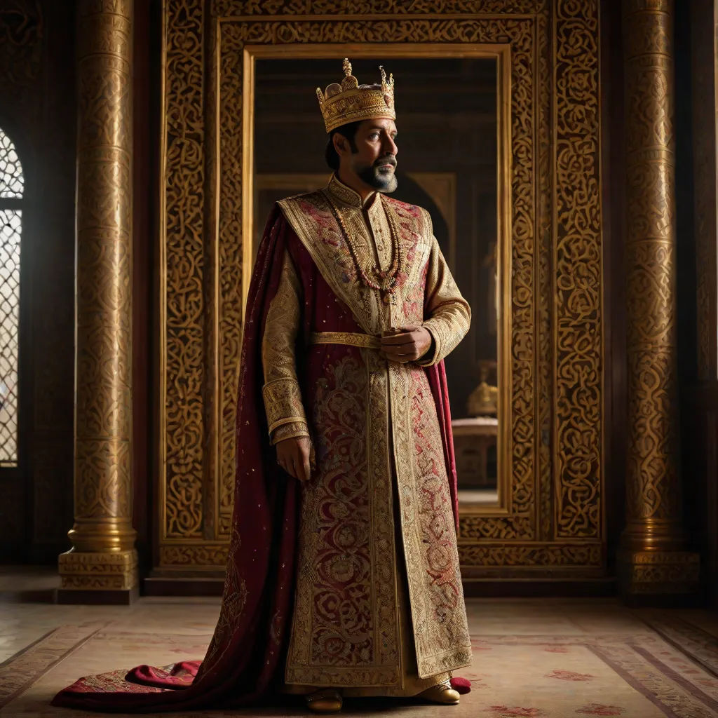 a man in a crown and a red cape standing in a room with a mirror behind him and a rug on the floor, qajar art, a character portrait, Altoon Sultan, promotional image