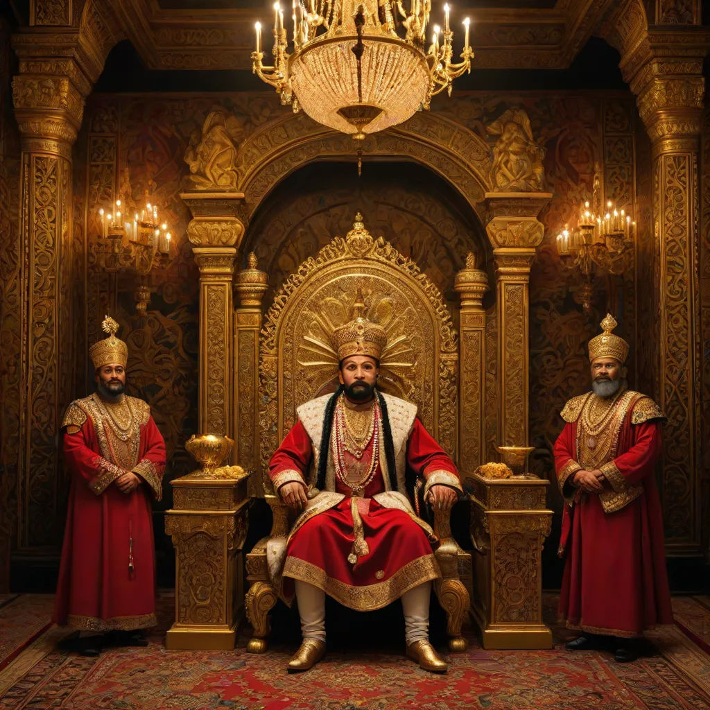 a man sitting on a throne in a room with three other men standing around him and a chandelier, samikshavad, a detailed matte painting, Altoon Sultan, promotional image
