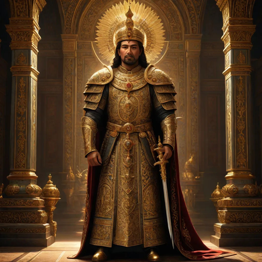 a man in a golden suit with a crown and sword standing in a room with columns and pillars,, qajar art, a detailed painting, Emperor Huizong of Song, epic fantasy character art