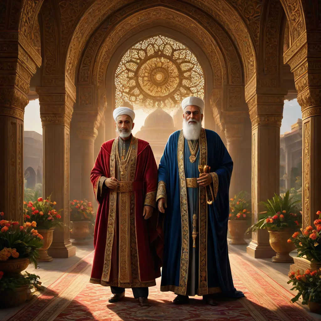 two men in robes standing in a hallway with a clock in the background and flowers in the foreground, qajar art, a detailed matte painting, Altoon Sultan, vfx