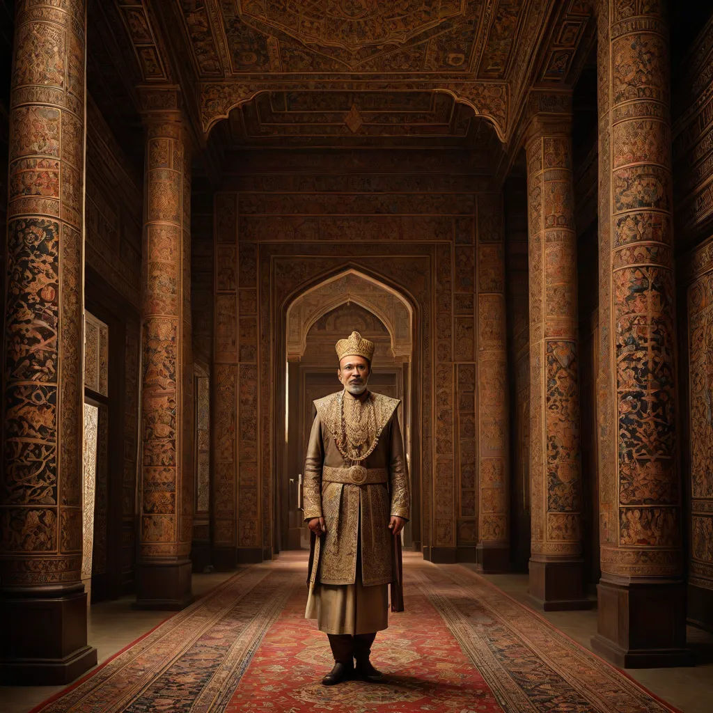 a man in a turban standing in a hallway with a rug on the floor and a rug on the floor, qajar art, a detailed matte painting, Altoon Sultan, promotional image
