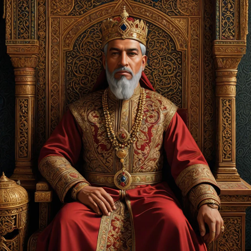 a painting of a man in a red outfit sitting on a throne with a crown on his head and a golden crown on his head, qajar art, a detailed painting, Daryush Shokof, highly detailed digital painting