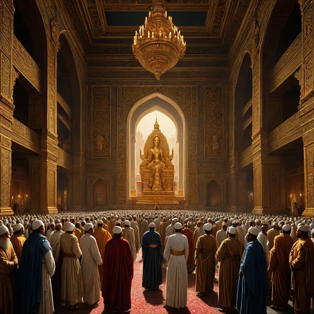 a large group of people standing in a room with a chandelier above them and a statue in the middle, photorealism, a detailed matte painting, Christophe Vacher, cinematic matte painting
