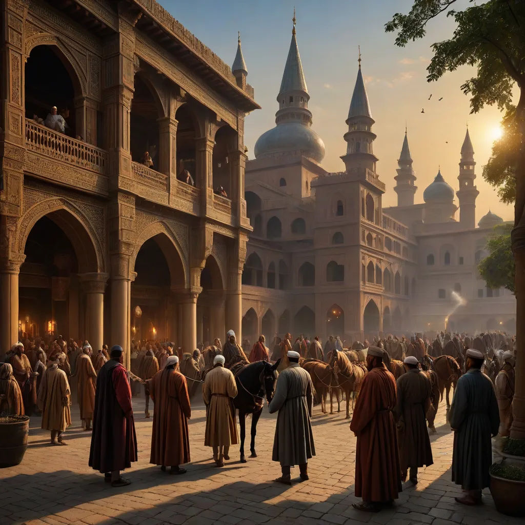 a painting of a crowd of people in a courtyard with a horse and carriage in the foreground and a castle in the background, hurufiyya, a detailed matte painting, Clint Cearley, cinematic matte painting