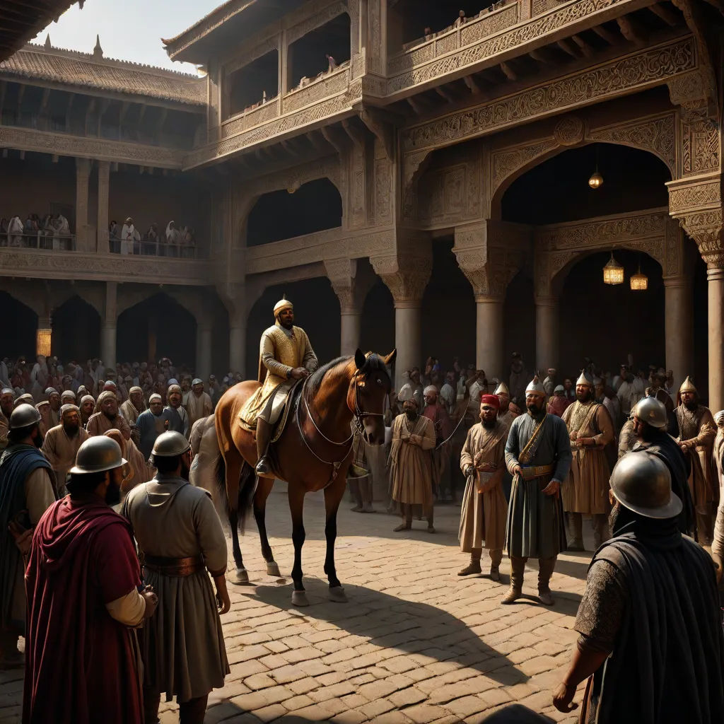 a man riding a horse in a crowd of people in a courtyard with a horse and a crowd of people, dau-al-set, a detailed matte painting, Altoon Sultan, vfx
