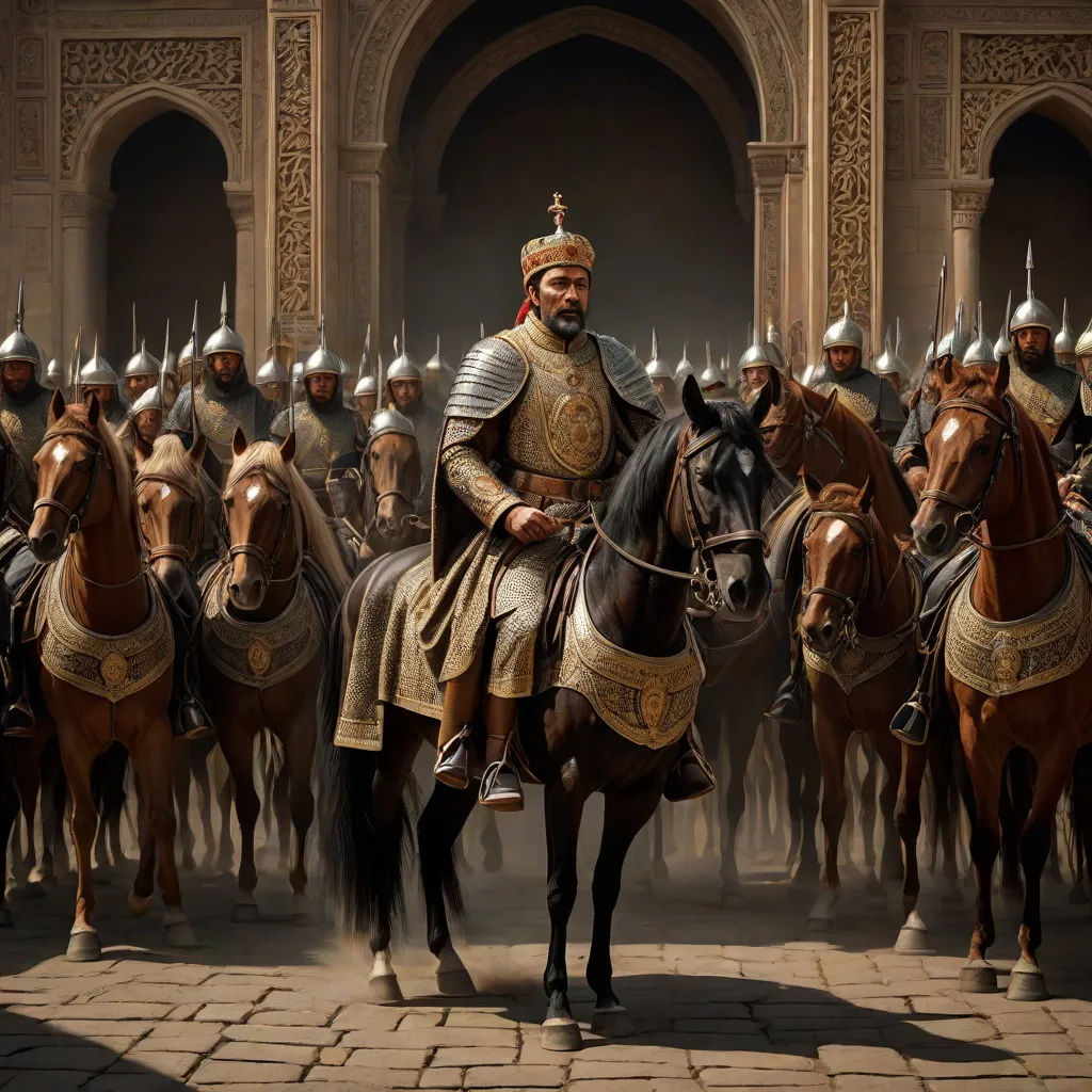 a painting of a man in a crown on a horse surrounded by other men in armor and helmets on, qajar art, a detailed matte painting, Altoon Sultan, highly detailed digital painting