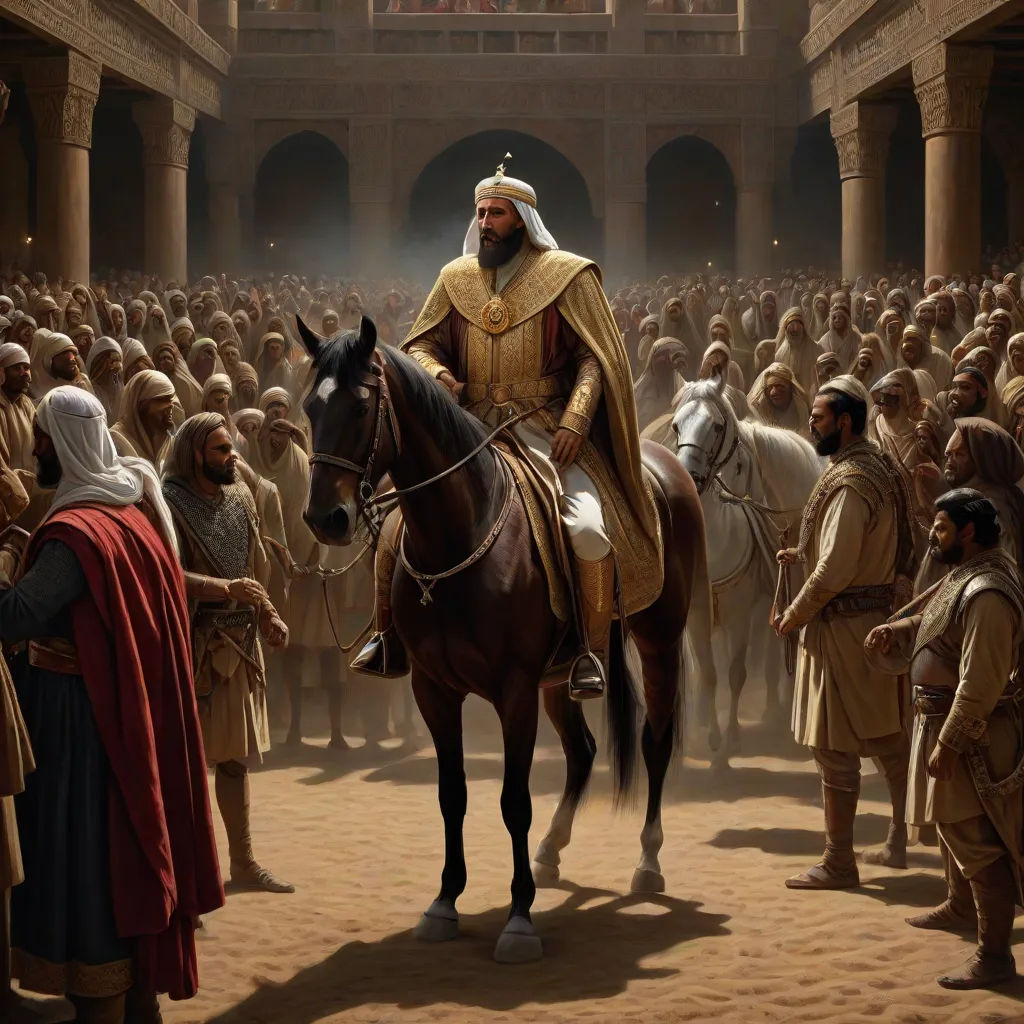 a painting of a man on a horse surrounded by people in a courtyard with a crowd of people standing around, unilalianism, a detailed matte painting, Altoon Sultan, orientalism