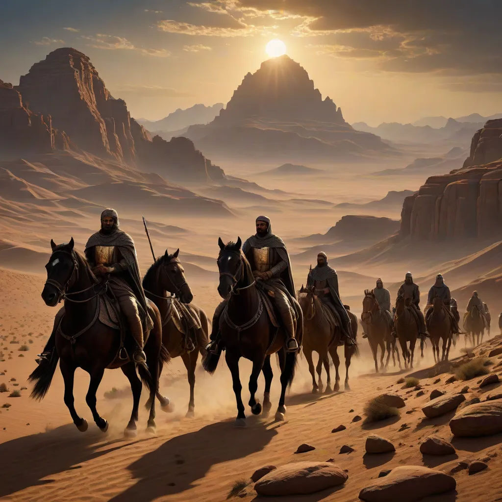a group of men riding horses through a desert landscape at sunset or dawn with a mountain in the background, fantasy art, a detailed matte painting, Christophe Vacher, cinematic matte painting