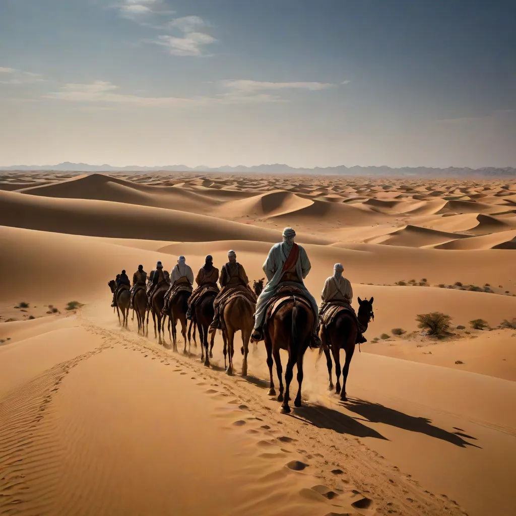 a group of people riding horses through the desert dunes in the desert, with sand dunes in the background, art photography, egyptian art, Amir Zand, desert