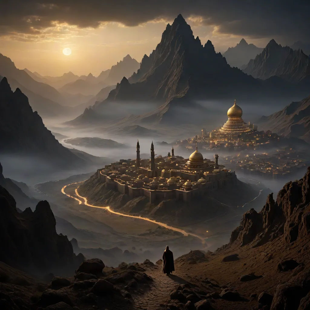 a man standing on a mountain looking at a city in the distance with a mountain range in the background, fantasy art, a detailed matte painting, Christophe Vacher, cinematic matte painting
